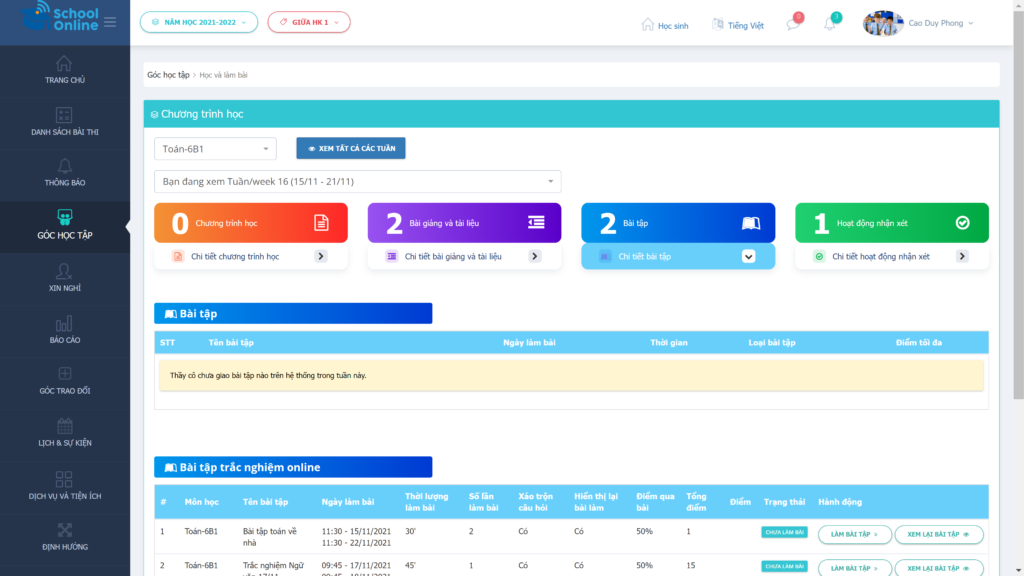 Hình ảnh giao diện bài tập về nhà của học sinh