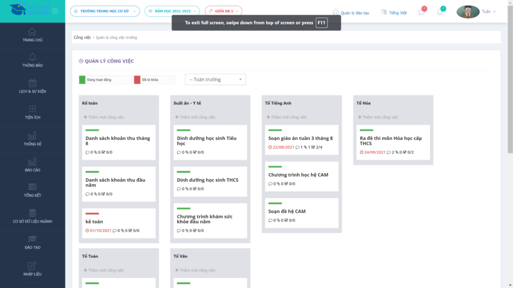 Hình ảnh giao diện phầm mềm quản lý của nhà trường