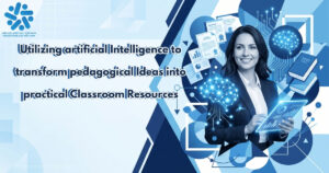 Banner featuring a smiling female educator holding a tablet, surrounded by glowing AI brain icons and floating digital lesson plans, illustrating the concept of utilizing Artificial Intelligence to transform pedagogical ideas into practical classroom resources. The VANPPE logo is displayed in the top left corner.
